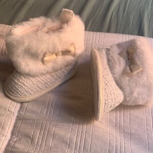 Adorable White Furry Baby Slippers with Bow